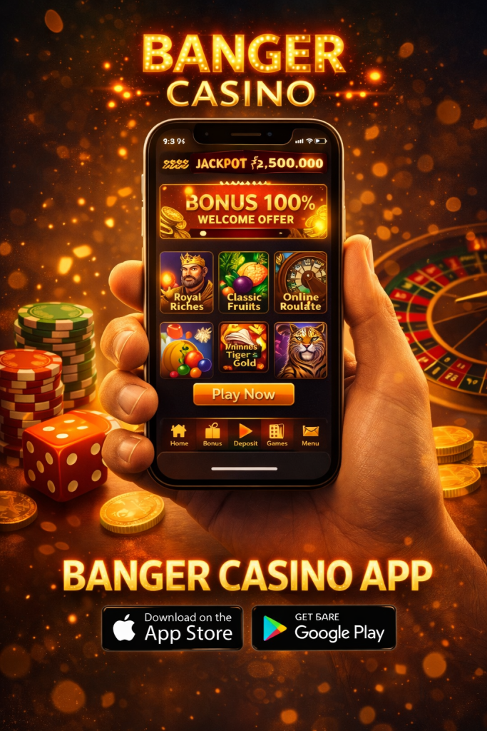 Banger Casino mobile app displayed on a smartphone with game icons, a 100% welcome bonus, and jackpot highlights, surrounded by casino chips, coins, and a roulette wheel on a dark background.